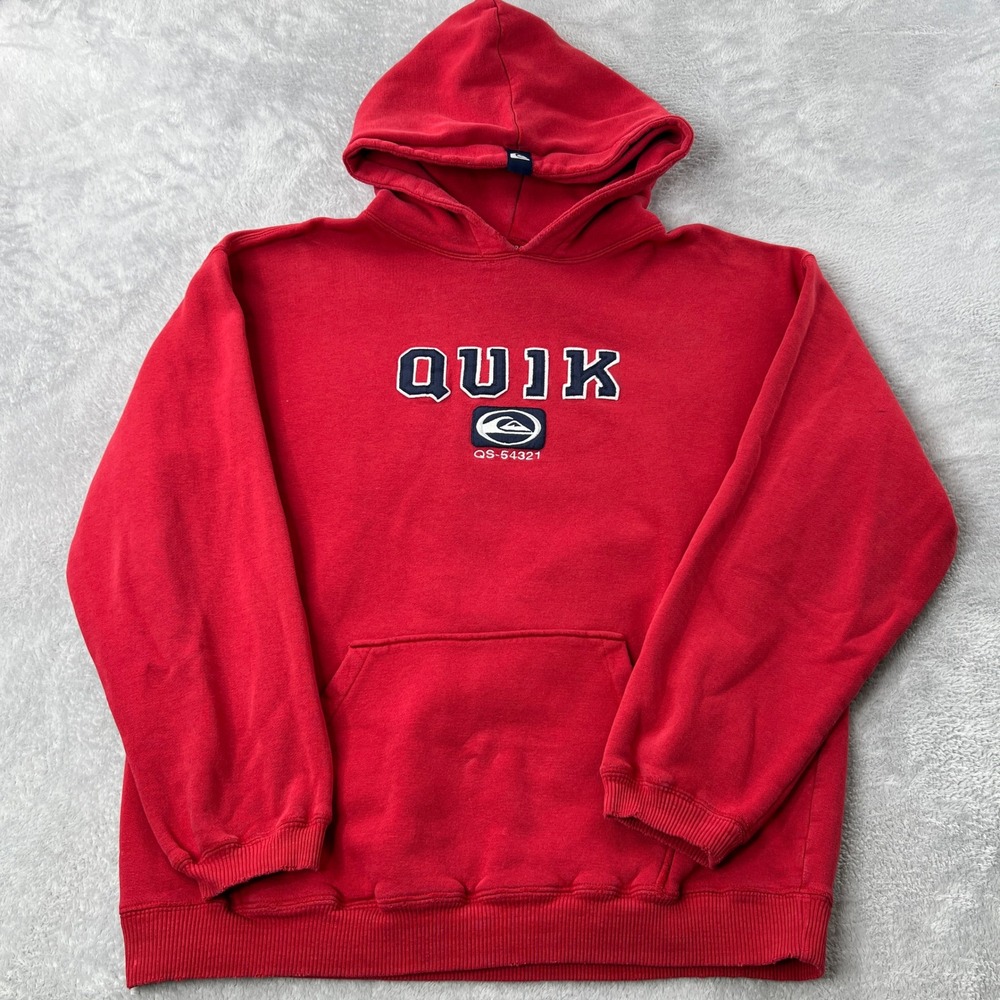 Quiksilver Hoodie XL Vintage Y2K Red Surf Skate Spellout Distressed Streetwear